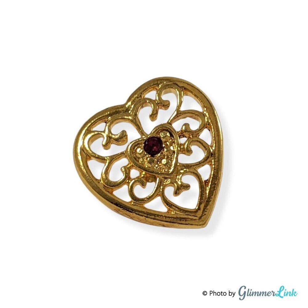 Vintage Filigree Heart Pin Red Rhinestone Gold Tone